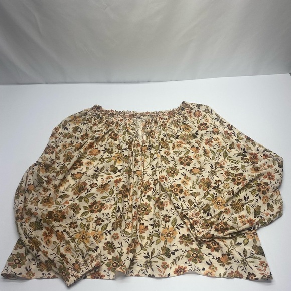 Faherty Floral Blouse in Cream and Brown Women’s LG Tie Neck Elastic at Wrist - Picture 7 of 11